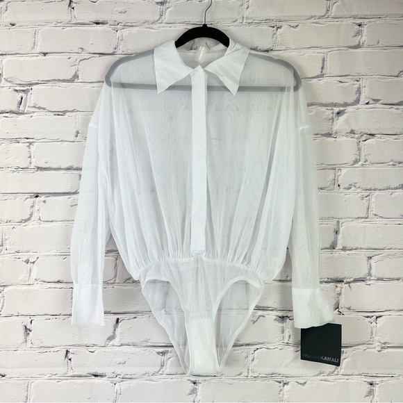 Norma Kamali Super Oversized Boyfriend Shirt Bodysuit White XXS Mesh Revolve - Picture 2 of 15